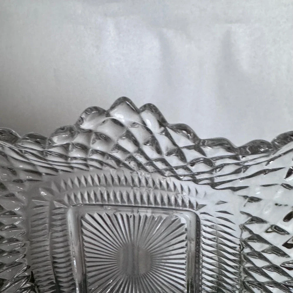 Vintage Clear Pressed Glass Ash Tray Diamond Point Sunburst Sawtooth Rim 7in